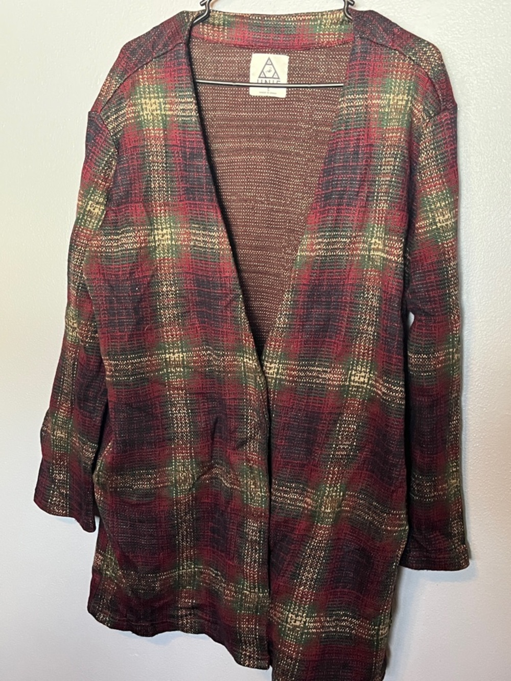 UNIF Plaid Open-Front Cardigan in Red, Green, Brown